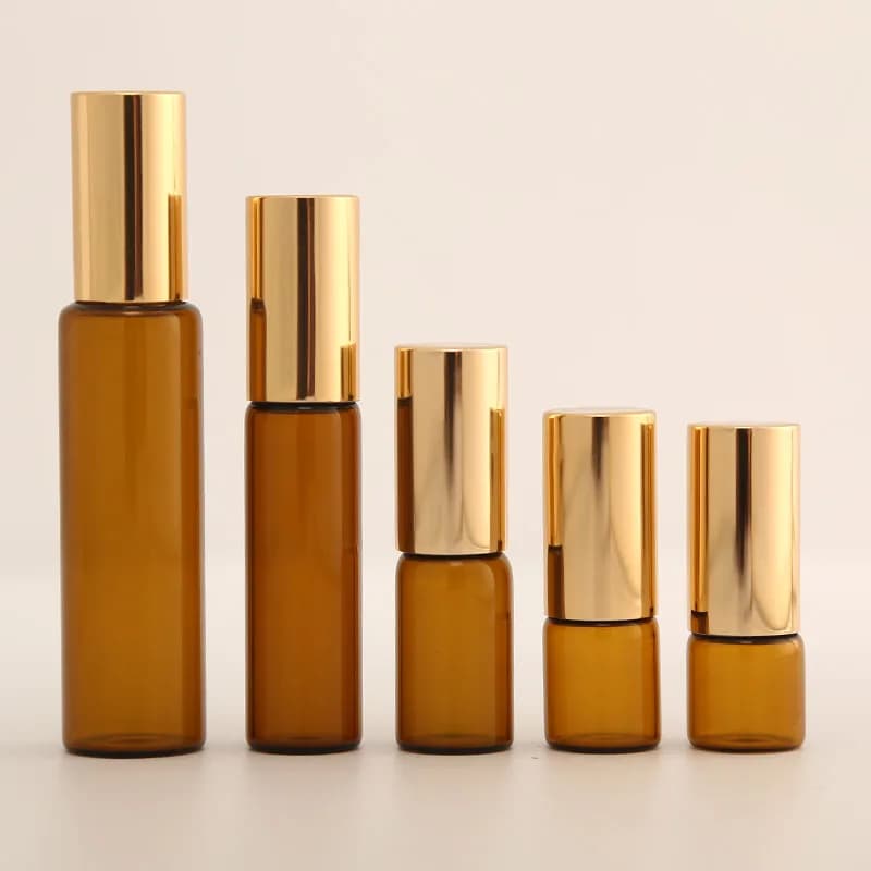 1ml 2ml 3m 5ml 10ml Amber Roll On Roller Bottle for Essential Oils Refillable Perfume Bottle Deodorant Containers with Gold lid