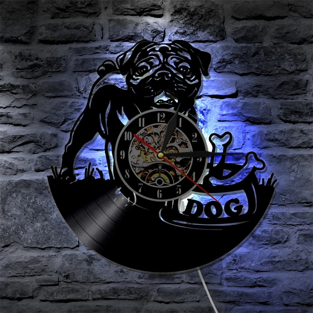 Cute English Bulldog Modern LED Hanging Lamp Pug Dog Puppy Animal Wall Watch decorative lighting wall clock with vinyl registration