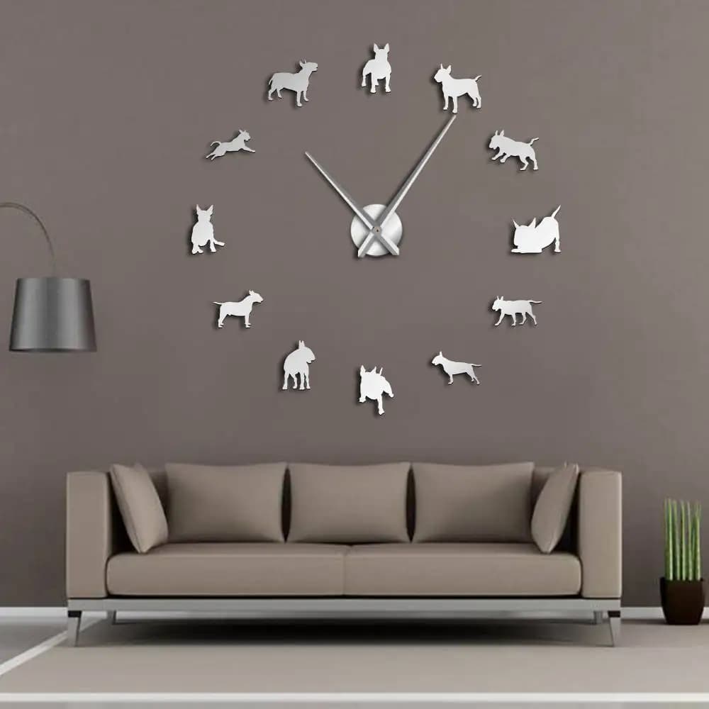 Bull Terrier Dog Wall Art Orologio da parete grande fai da te Cane di razza Carlino Orologio con ago grande Orologio Negozio di animali Decor Regalo per gli amanti del Bull Terrier