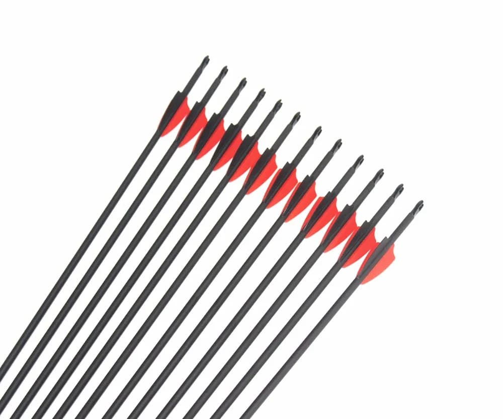 12 Pezzi Frecce da Tiro con l'Arco in Carbonio Misto Spine 1000 ID 4.2mm OD 6mm con Nock a Perno, Punte da Campo 80gr e Alette da 1.75" per Tiro con Arco Ricurvo