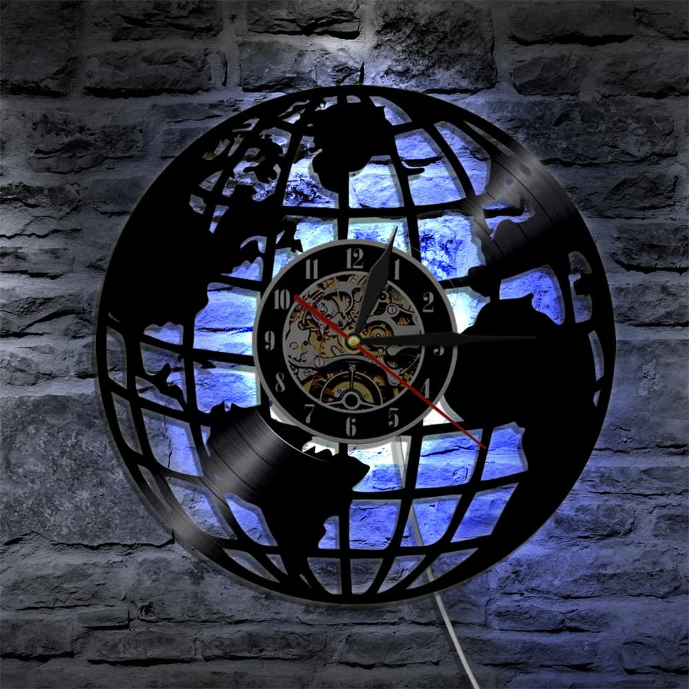 World Map Of Earth Wall Decor Art LED Light Vinyl Disco Wall Clock World Traveler Modern LED Night Light