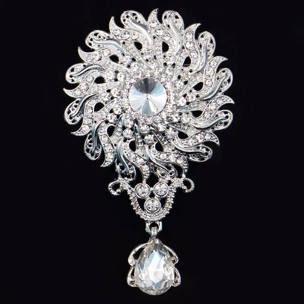 DIEZI Luxury White Crystal Water Drop Brooches for Wedding Women Party Dress Silver Color Rhinestone Bridal Bouquet Brooch Pins