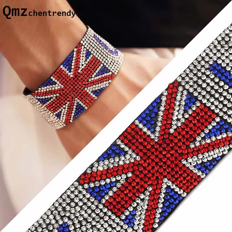 Gioielli popolari Cantante da discoteca USA Bandiera del Regno Unito Hot Fix Braccialetti da uomo con strass di cristallo lucido Bracciale Hip Hop Bracciale da donna