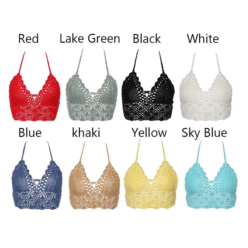 New sexy bikini Crop Top Crochet Boho Beach Canotte Bikini Bralette Halter Cami Knitted Bra Women Backless Beachwear Canotta