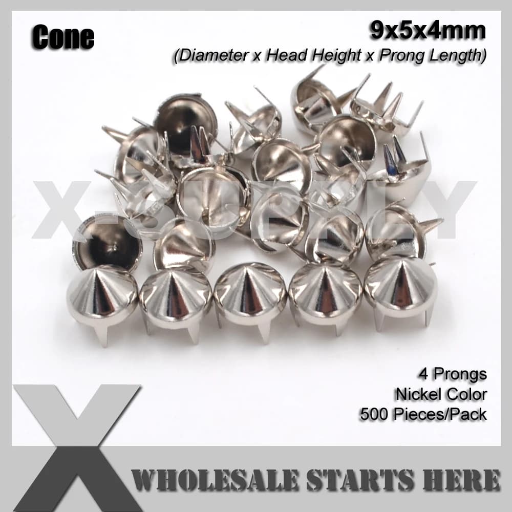 Punk Round Cone Stud 9mm in argento con 4 punte per artigianato in pelle/borsa/scarpa/abbigliamento