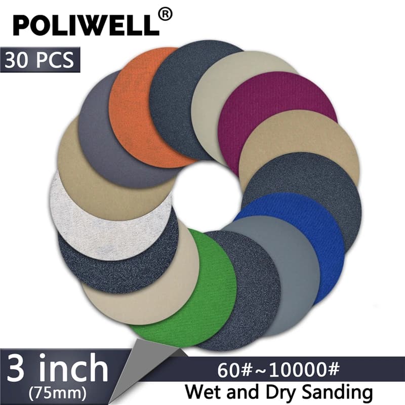 POLIWELL 30PCS 3 pollici grana 60/240/3000/5000/10000 75mm dischi abrasivi carburo di silicio rotondo floccaggio carta vetrata strumento di lucidatura per auto