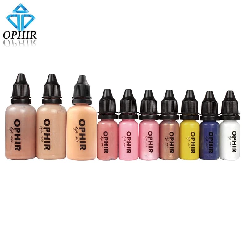 OPHIR 10 Ink Makeup Airbrush Bottles Set with 3 Colors Air Basic Products 2x Air Blush, Fard 5x Air Shade Shade for Face Salon Makeup Paint