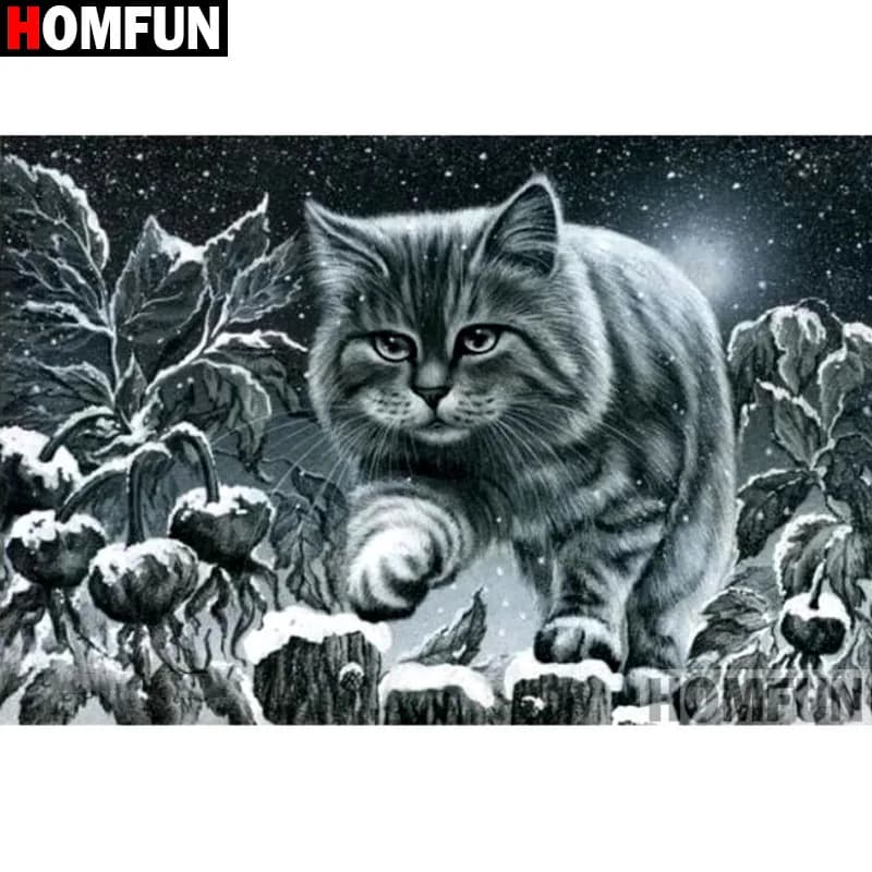 HOMFUN Pieno Quadrato/Rotondo Trapano 5D Pittura Diamante FAI DA TE "Scena di neve del Gatto" 3D Diamante Ricamo Punto Croce Complementi Arredo Casa A18980