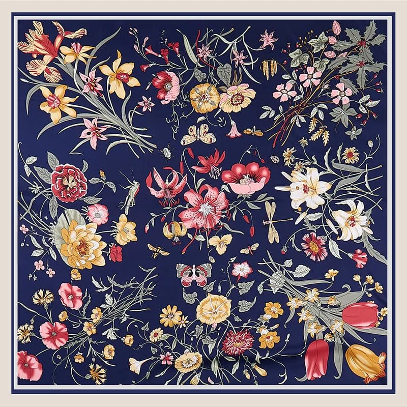 POBING Sciarpa di seta twill Donna Fiori Stampa Sciarpe quadrate Grande Bandana Fazzoletto di lusso Sciarpa Hijab Foulard femminili 130CM