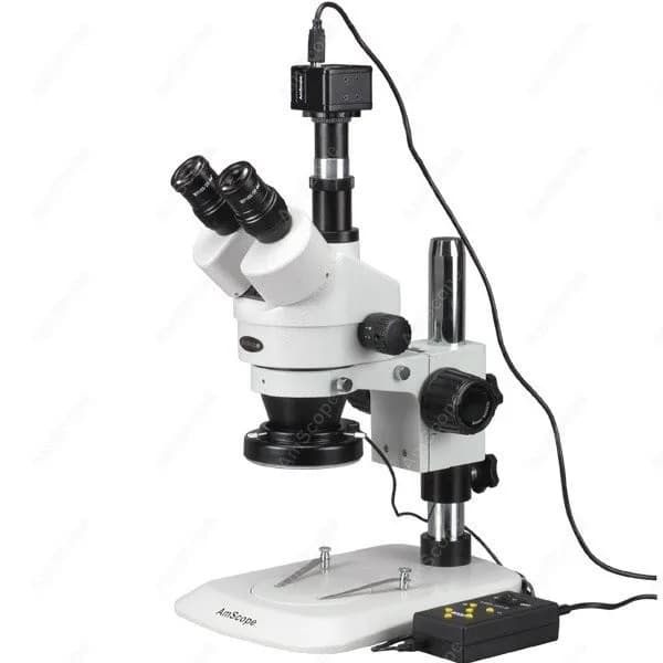 Microscopio Stereo Trinoculare AmScope con Zoom 3.5X-90X + Illuminazione LED Multi-Zona 144 + Fotocamera USB 2.0 da 9MP su Supporto a Colonna