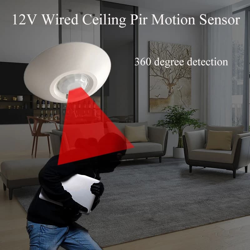 Rilevatore di soffitto con sensore di movimento PIR cablato 12V Rilevamento di movimento a infrarossi da 360 gradi NO NC Sistema di allarme con cavo di collegamento di uscita del segnale