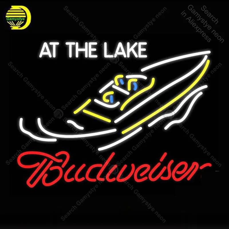 Insegna al neon Per Budweis Al Lago Lampadina al neon Insegna Display aziendale Barca Iconica Lampada artigianale pubblicizzare Letrero enseigne lumine