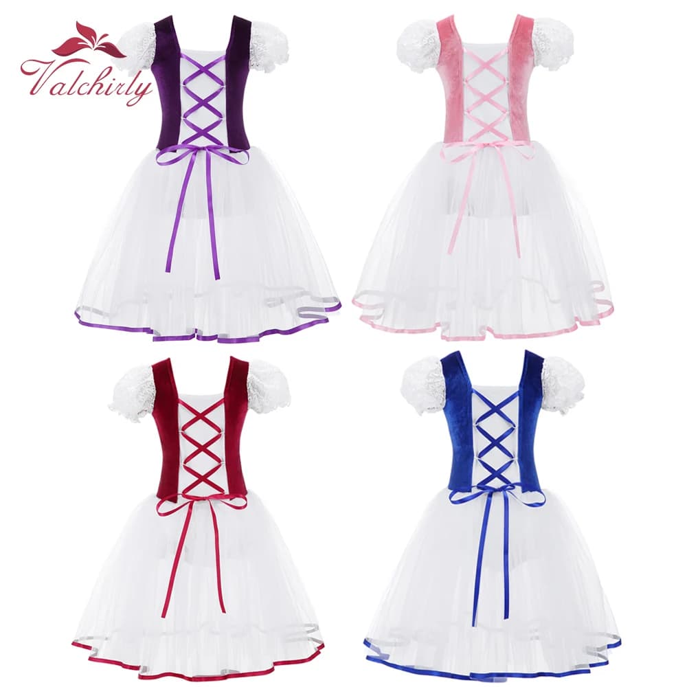 New Professional Girls Ballet Tutu Dress Velvet Body Mesh Skirt Short Puff Sleeves Kids Dance Gymnastics Leotard Costumes