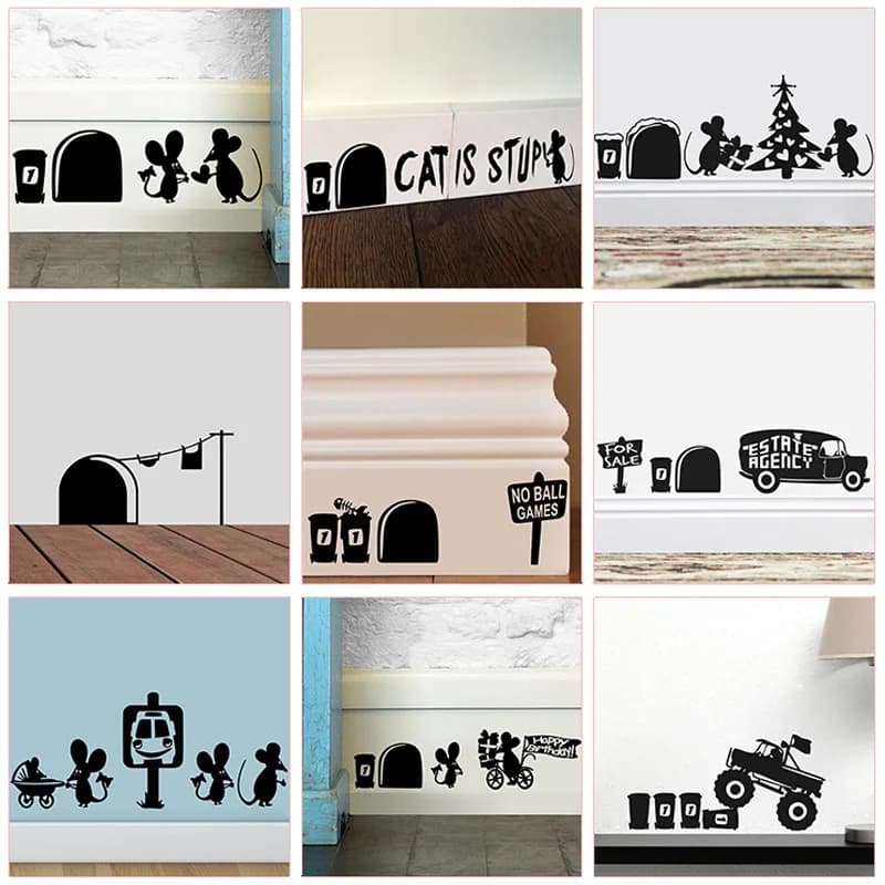 Divertenti adesivi murali con foro per mouse Cucina Camera da letto Battiscopa Decorazione domestica Decalcomanie da muro in vinile 3d Fai da te Cartoon Rat Animal Mural Art