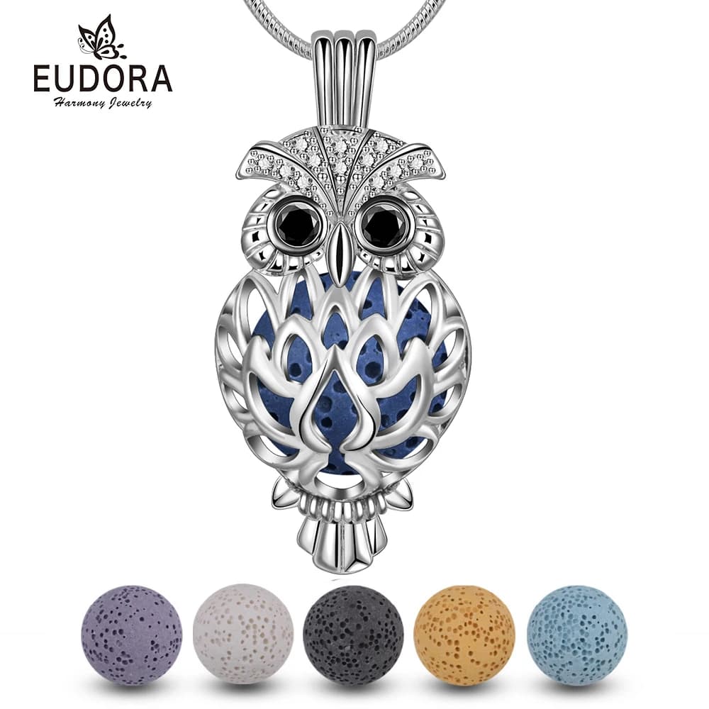 Eudora 14 mm Gabbia Gufo Medaglione Pietra Lavica Ciondolo Profumo Aromaterapia Medaglione Diffusore Collana Per Le Donne Gioielli FAI DA TE K332N14