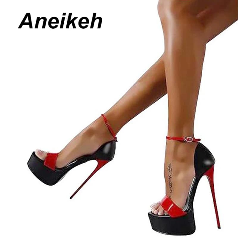 Aneikeh 2026 Sandali alla Moda con Punta Aperta e Tacco Alto, Sexy Tacchi da 16CM, Cinturino con Fibbia, Scarpe da Discoteca e Festa, Taglia Grande 46, Nero