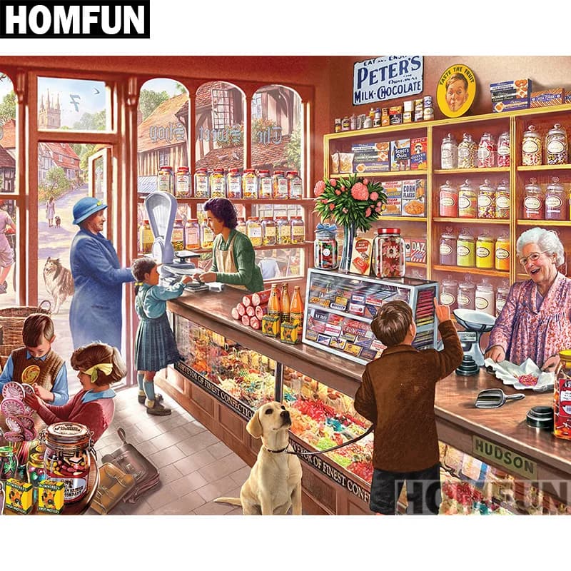 HOMFUN Pieno Quadrato/Rotondo Trapano 5D Pittura Diamante FAI DA TE "Candy Store" 3D Ricamo Punto Croce 5D Complementi Arredo Casa A00785