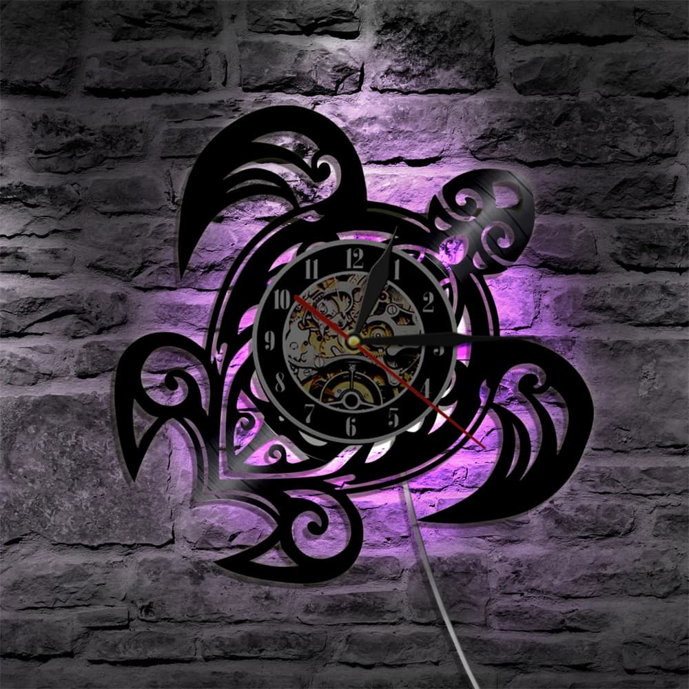 Turtle Silhouette LED retroilluminazione moderna luce animali orologio da parete decorazioni per la casa lampada telecomando Record Nightlight
