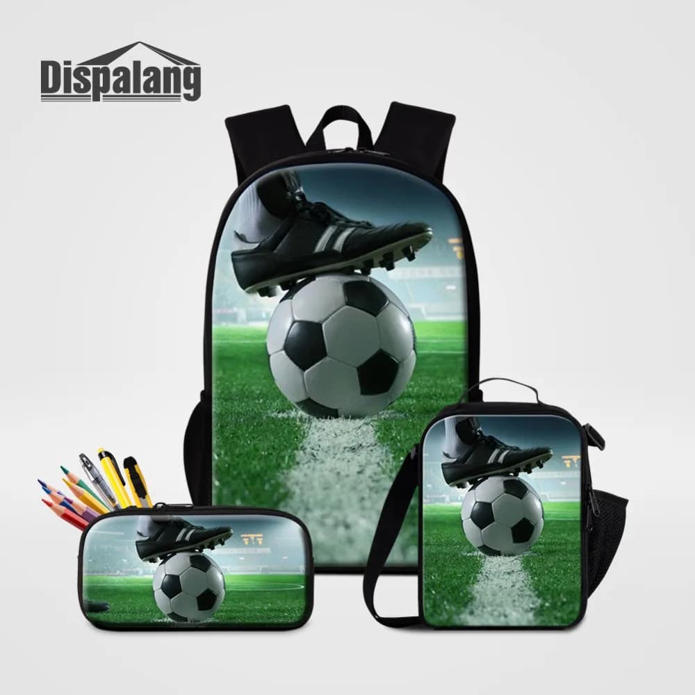 Children's Backpack Set with Lunchbox And Pencil Case - School Sports Themed Bookbag for Boys - Football Soccer Basketball Print