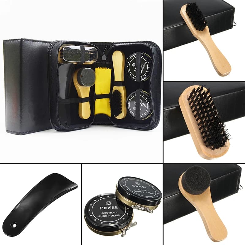 JX-LCLYL custodia da viaggio 7 in 1 Kit di pulizia per spazzole lucidate nere e neutre per lucidare le scarpe