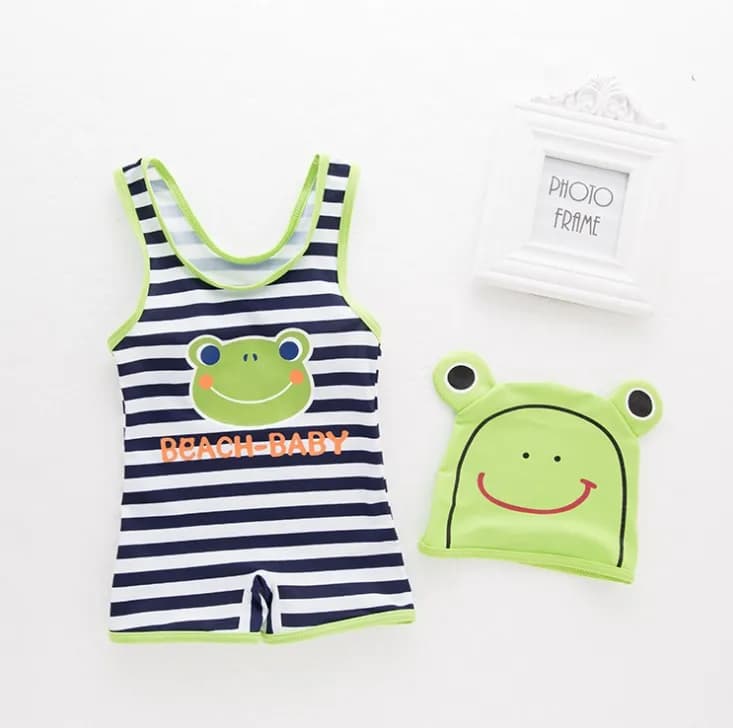 Vendita calda ~ costumi da bagno siamesi per neonato con motivo a rana a righe adorabili con cuffia da nuoto/costume da bagno per bambini primavera calda 3094