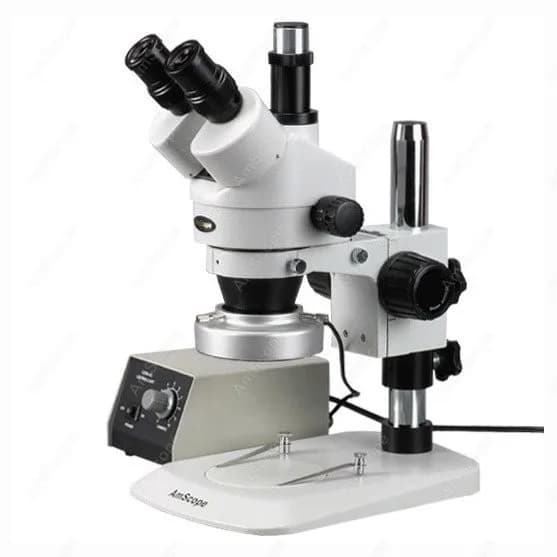 Stereo Trinocular Microscope with Zoom AmScope Series SM-1 7X-45X + 80 LED Ring Light for Gravure Applications on Pillar
