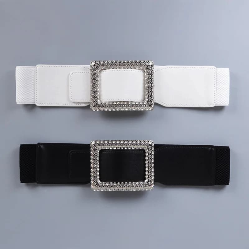Luxury elastic belt with crystals and buckles with rhinestones, fashionable design, for woman, designer wide belt.