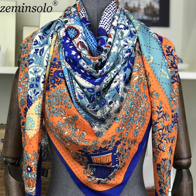 Sciarpe in Twill di seta 100% stampate primaverili di marca di lusso Bandana da donna sciarpa di seta quadrata grande scialle avvolge Foulard 130x130cm