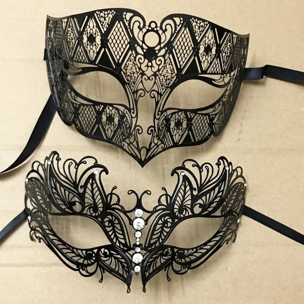 Lusso argento uomo donna amanti coppia maschere per feste veneziane metallo nero taglio laser costume di NATALE mostra set di maschere per mascherata di nozze