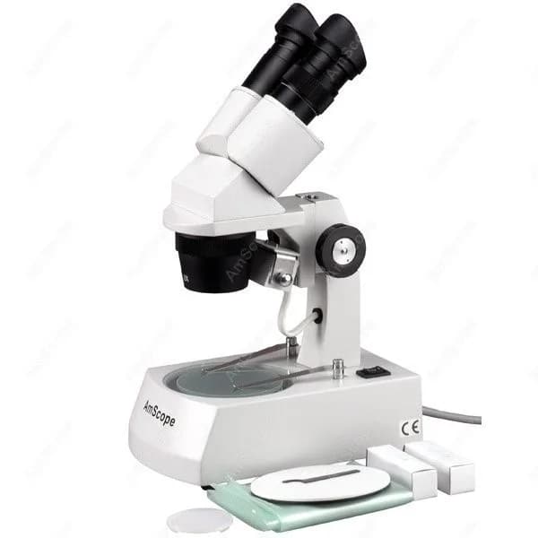 Microscopio Stereoscopico Binoculare AmScope 5X-30X su Supporto in Metallo + Testa Inclinabile, Illuminazione Alogena Superiore e Inferiore