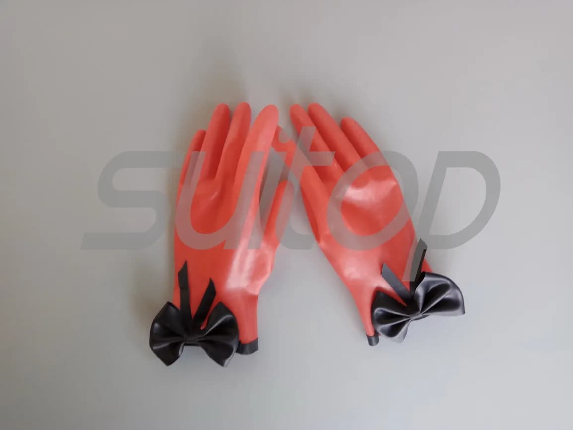 Suitop Lattice di gomma guanti corti in rosso e nero trim BOW-TIE