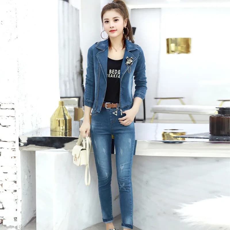 Two pieces of jeans sets women 2025 sping fashion Long sleeve Short jacket and Pencil trousers female denim sets IOQRCJV H426