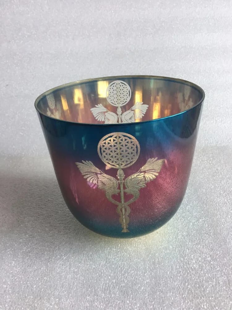 3rd octave C# Sexual chakra alchemy crystal singing bowl with double carved of Caducee about 8.25"