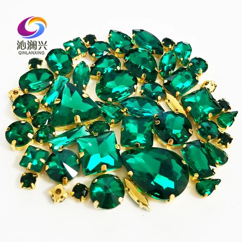 Mix 58Pcs Top Crystal Glass Rhinestones, Gold Bottom Malachite Green Sew on Stones Used for Needlework, Diy/Clothing Accessories