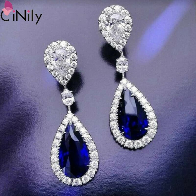 CiNily Exquisite Water Drop Shaped Dangle Earrings For Women Silver Plated Jewelry Earrings with Blue Cubic Zirconia Gifts