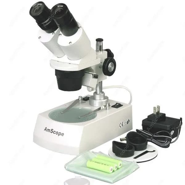 Microscopio Stereoscopico Binoculare Compatto AmScope Multi-Lente 10X-40X + Supporto in Metallo, Illuminazione LED Superiore e Inferiore
