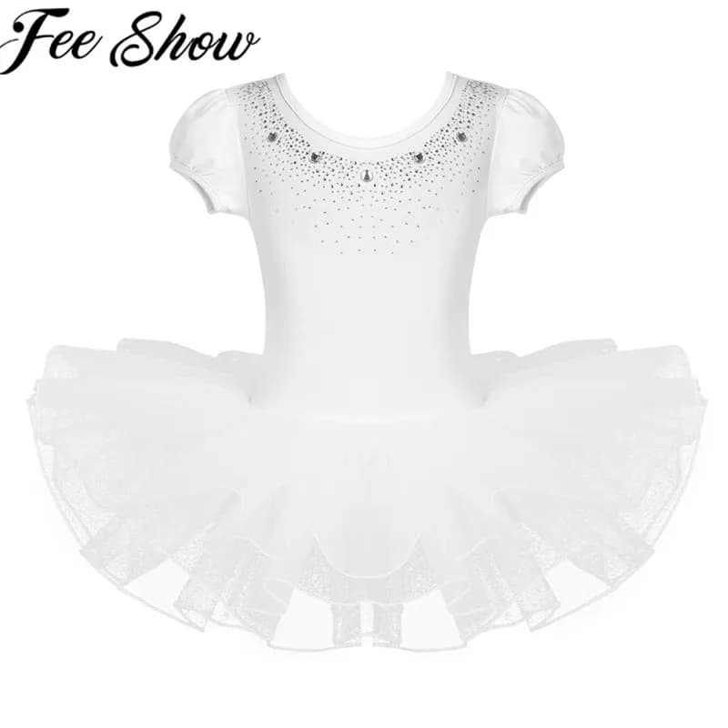 FEESHOW Bambini di Balletto Tutu Abiti Maglia Corta Bubble Maniche Sparkly Strass Ballerina di Danza Ginnastica Body Ragazze Si Vestono