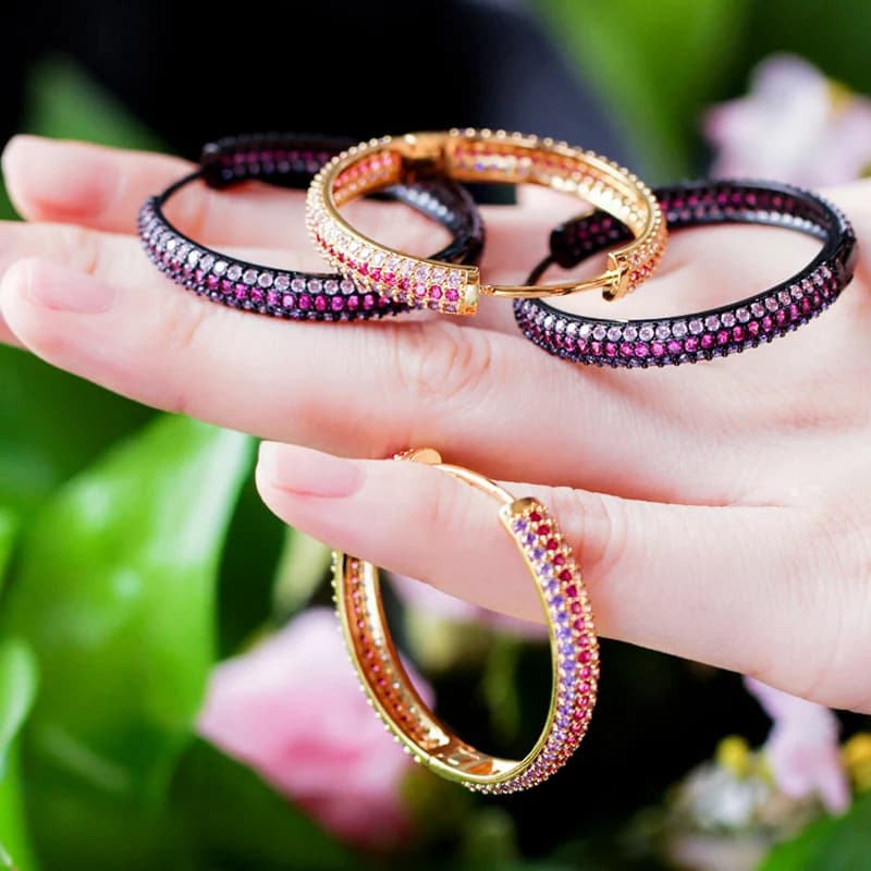 Pera High Quality AAA+ Red Purple Cubic Zirconia Dubai Yellow Gold Color Women Hoop Long Earrings For Brilliant Party Gift E314
