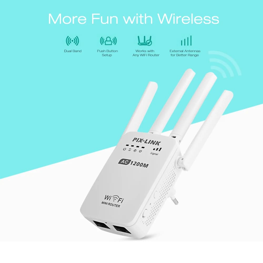 PIXLINK AC1200 Ripetitore WIFI/Router/Punto di accesso AP Estensore di portata wireless Amplificatore di segnale Wi-Fi con 4 antenne esterne AC05