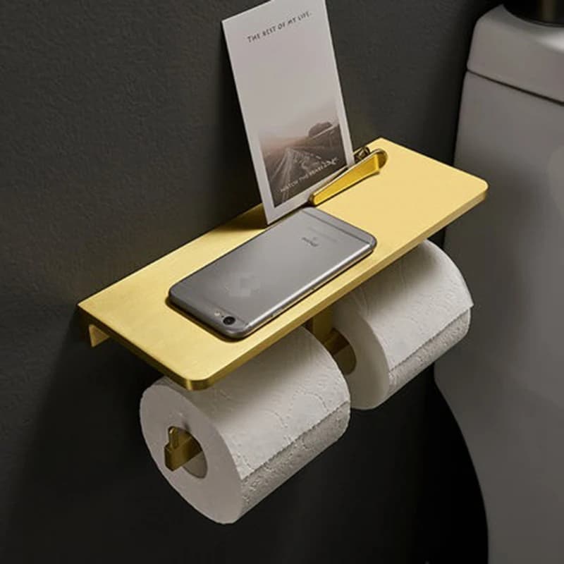 Portarotolo per carta igienica in oro spazzolato in alluminio massiccio, scaffale per telefono, portaoggetti nero opaco, portarotolo doppio per bagno a parete
