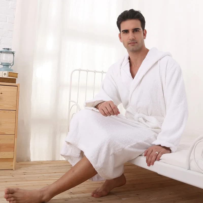 Men's bathrobe in cotton plus siez XL plus siez women's pajamas towel in fleece often soft winter long love home spring white blue