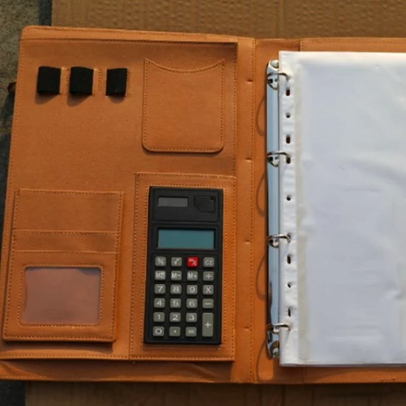 Cartella in pelle semplice Padfolio organizer multifunzione planner notebook raccoglitore ad anelli cartella file A4 ufficio senza calcolatrice