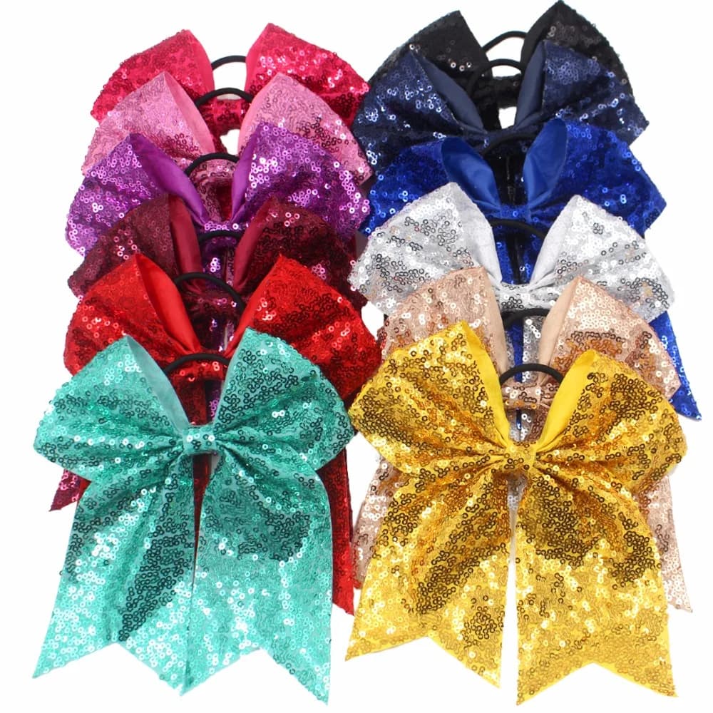 12 Pezzi Fiocchi per Coda di Cavallo con Paillettes Scintillanti da 7,5 Pollici per Bambine, Grandi Fiocchi da Cheerleader, Elastici per Capelli