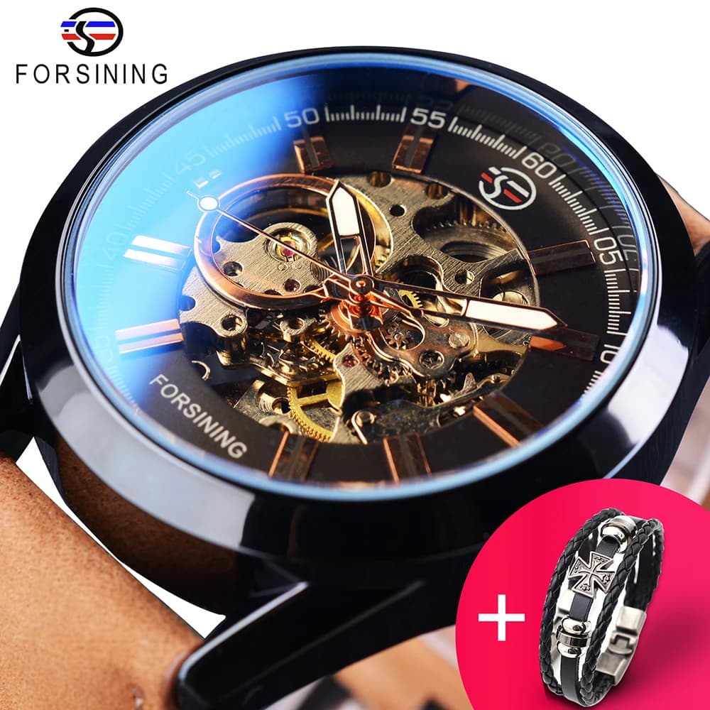Forsining Orologio + Bracciale Set Combinazione Casual Sport Genuino Esercito in vera pelle Militare Automatico Orologi da polso da uomo Orologio scheletrato
