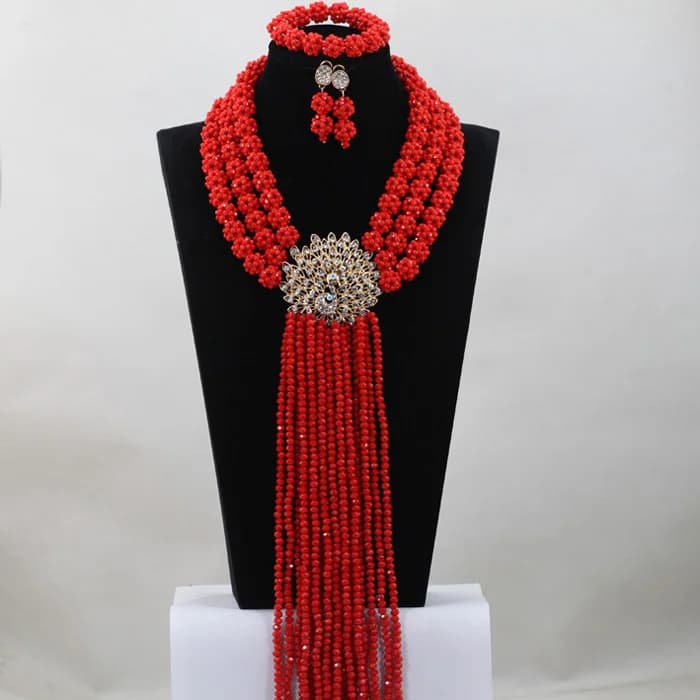 Set di Gioielli da Sposa Africani Nigeriani con Perle Rosse e Cristalli, Design Elegante ABH084