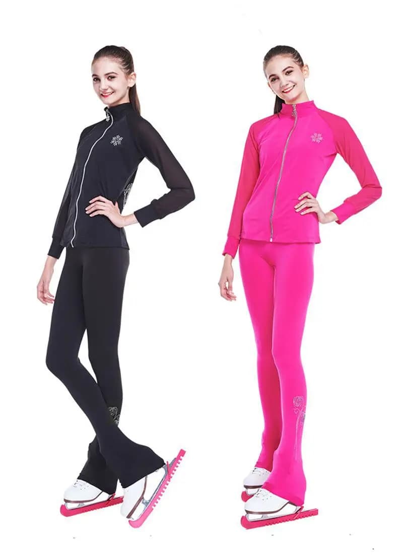 Abiti da pattinaggio artistico personalizzati giacca e pantaloni pantaloni lunghi per ragazza donna allenamento pattinaggio su ghiaccio manica a rete rosa nera calda