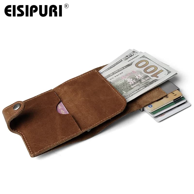 Gli uomini impediscono la perdita di informazioni RFID 100% mini portafoglio in vera pelle sicuro multifunzione in alluminio automatico Pop-Up Card