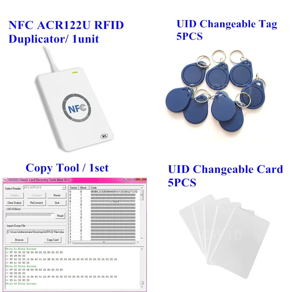 ACR122u NFC Reader Writer 13.56Mhz RFID Copier Duplicator + 5pcs UID Card + 5pcs UID Tag + MIF Copy Clone Software