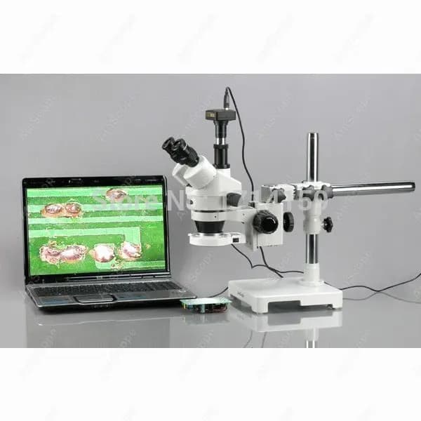 Microscopio Stereo Trinoculare con Zoom AmScope Serie SM-3T 3.5X-90X + Supporto a Braccio + Luce LED 54