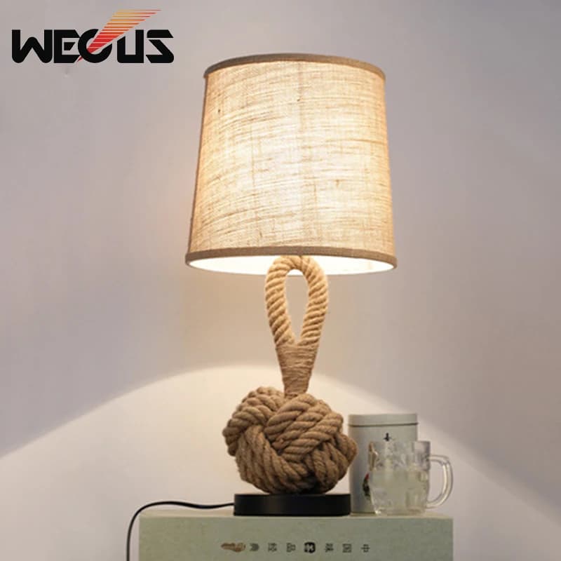 American Style Retro Table Lamp Creative Rope Manual Art Bedside Lamp Bedroom Study Office Coffee House Bar Lighting